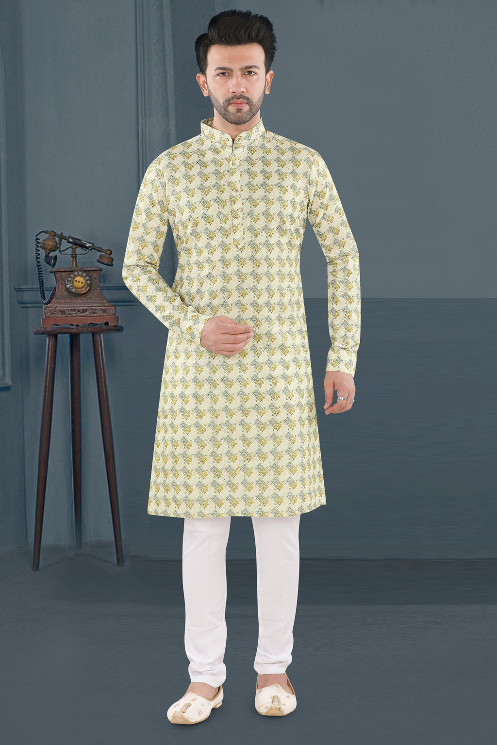 Ivory Yellow-Green Printed Festive Kurta Set(6426)