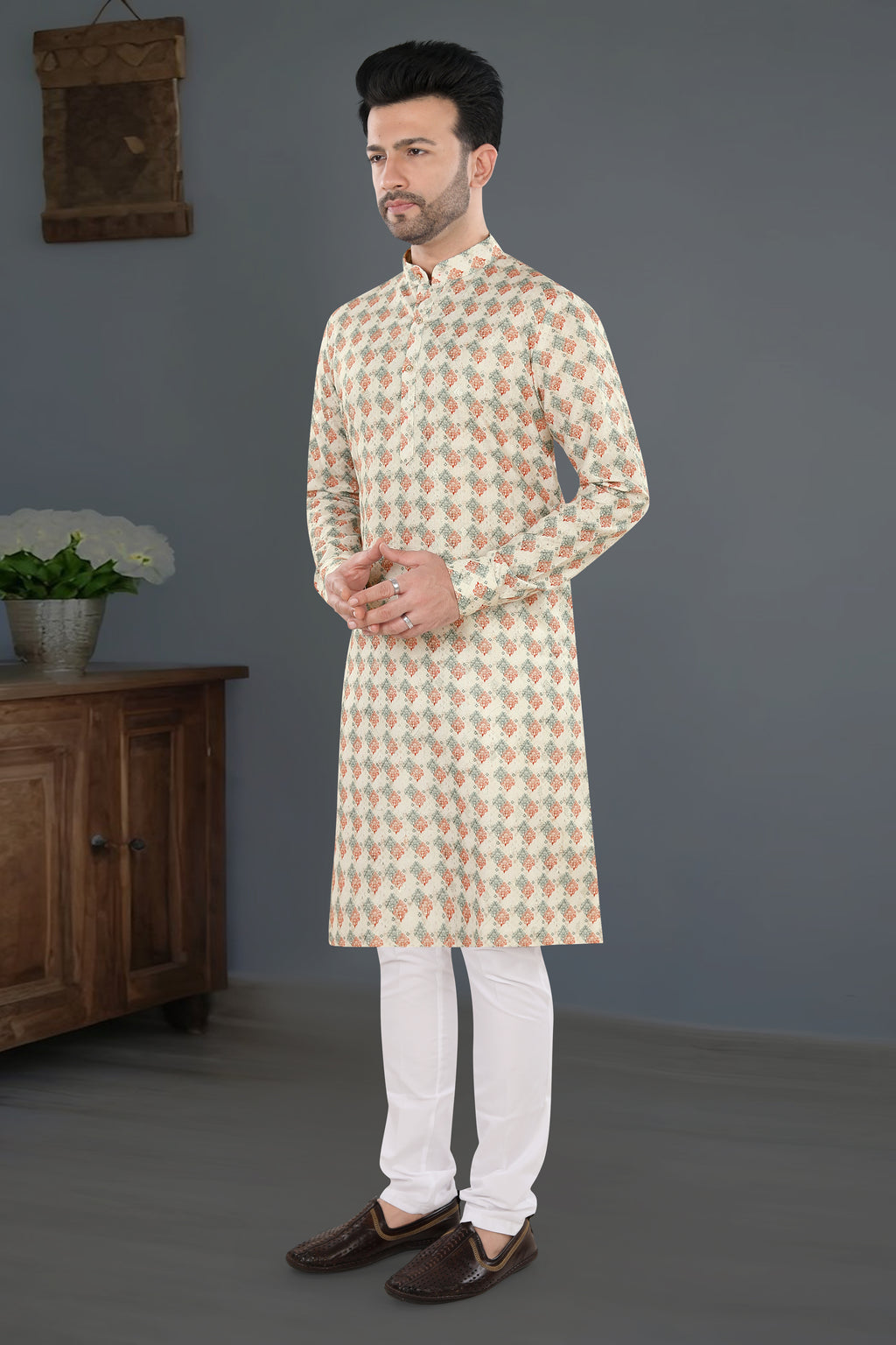 Ivory Orange Printed Festive Kurta Set (6426)