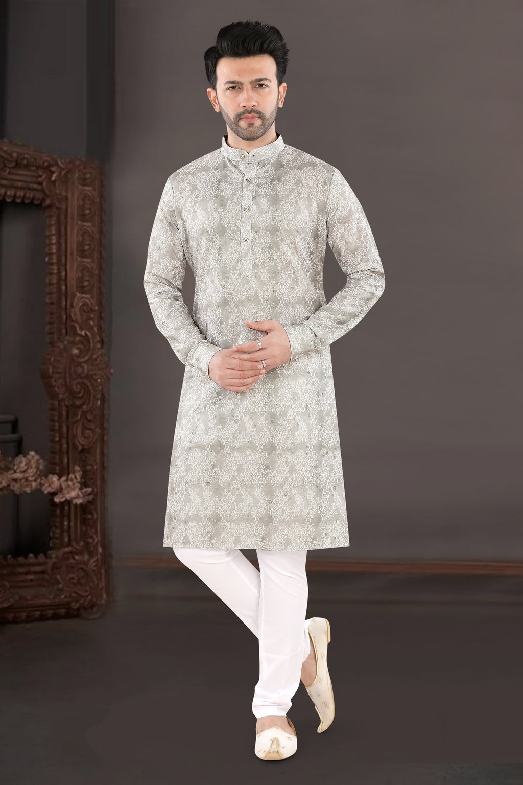 Light Grey All-Over Jacquard Festive Kurta Set (6438)