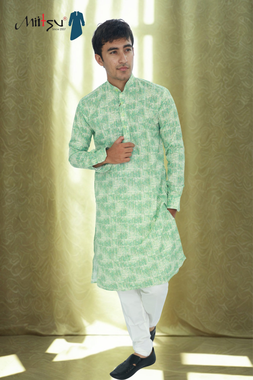 Men's Mint Green Geometric Print Cotton Kurta (6974)