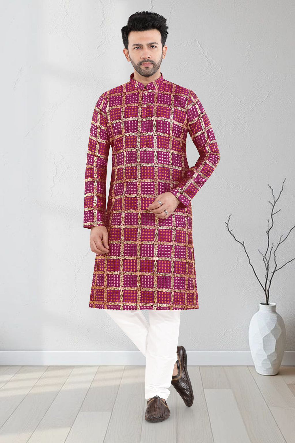Royal Wine Check Kurta Set (7070)