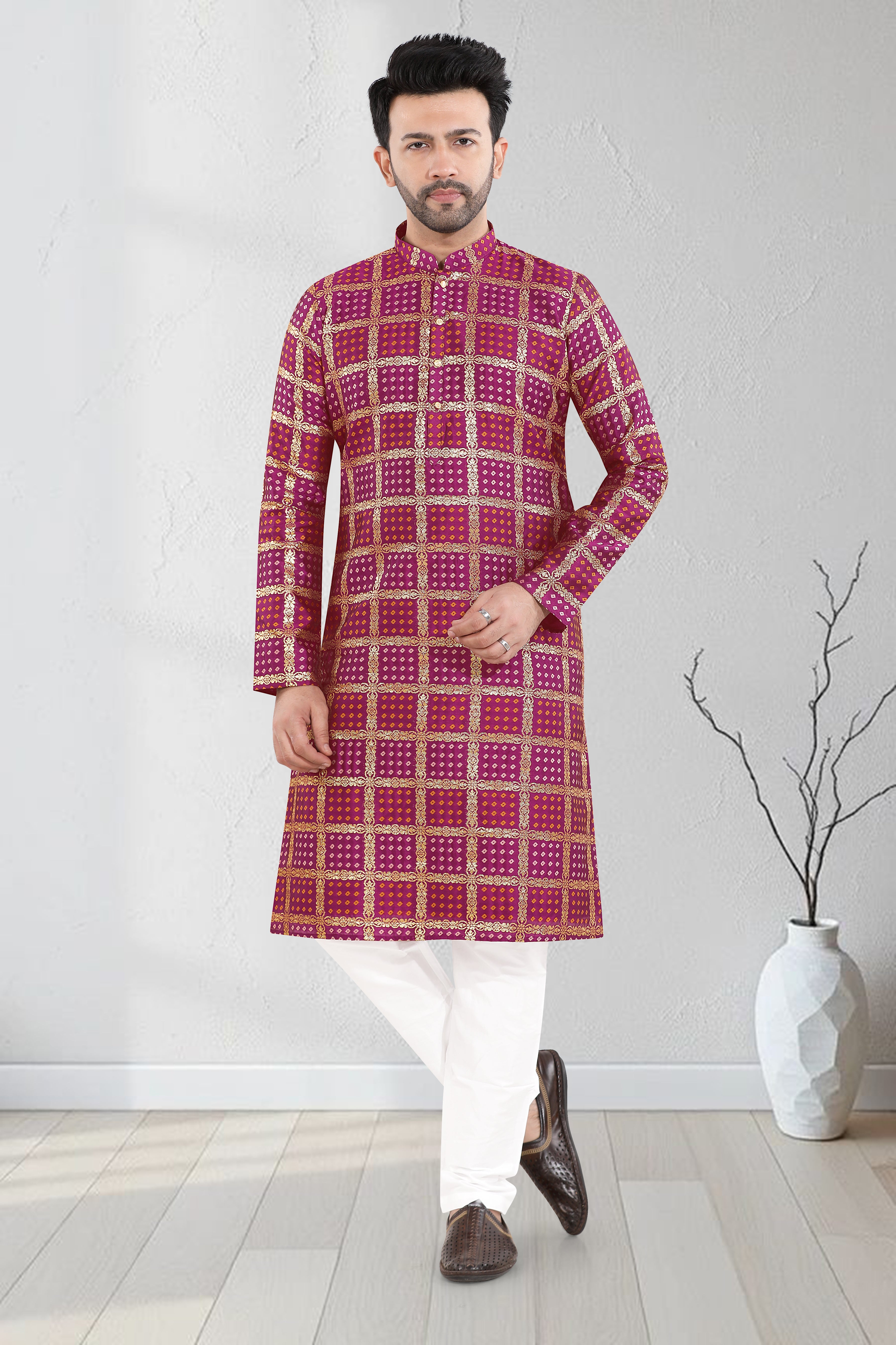 Royal Wine Check Kurta Set (7070)