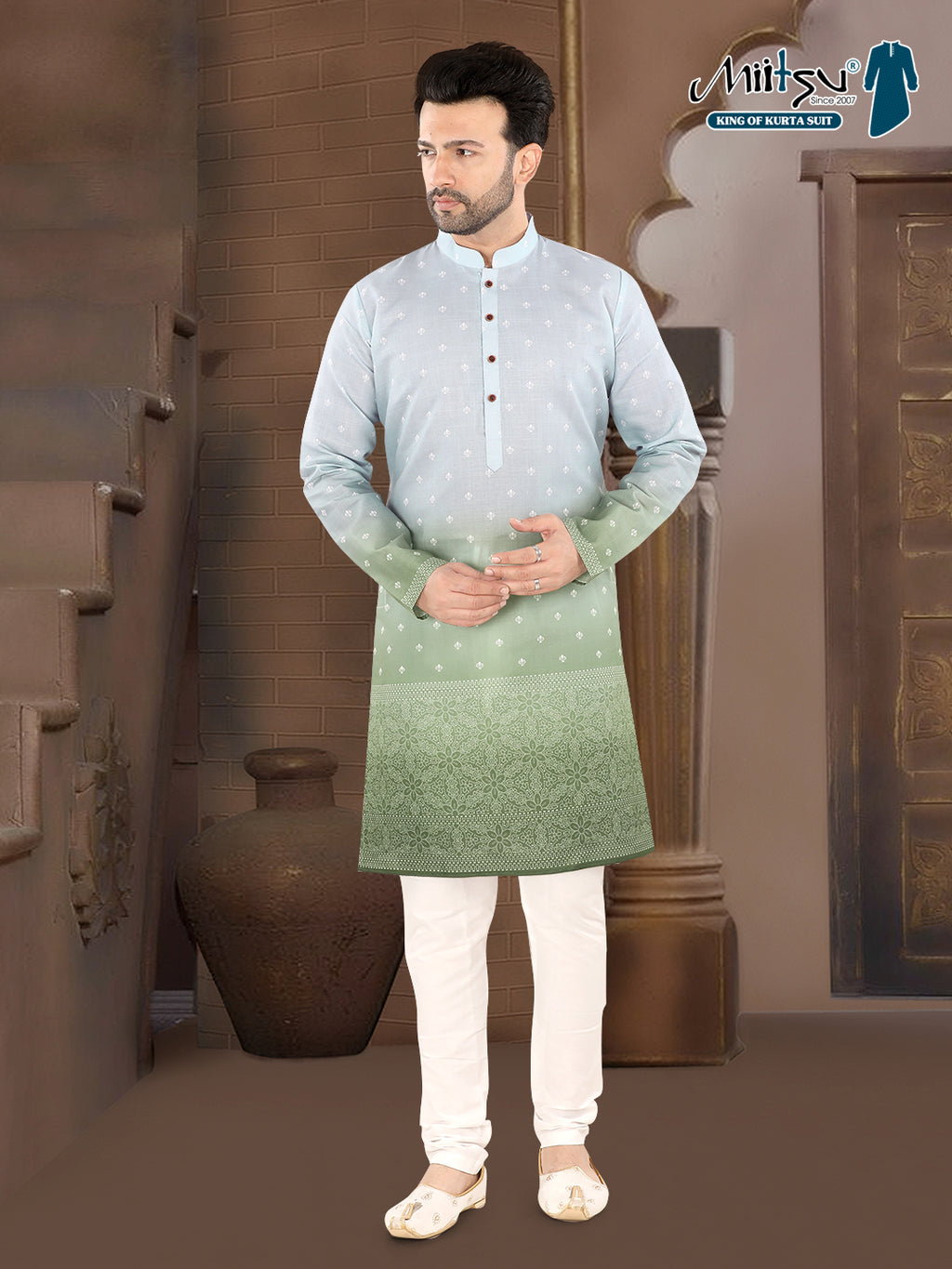 Sky Blue to Pista Green Ombre Woven Design Kurta (7078)