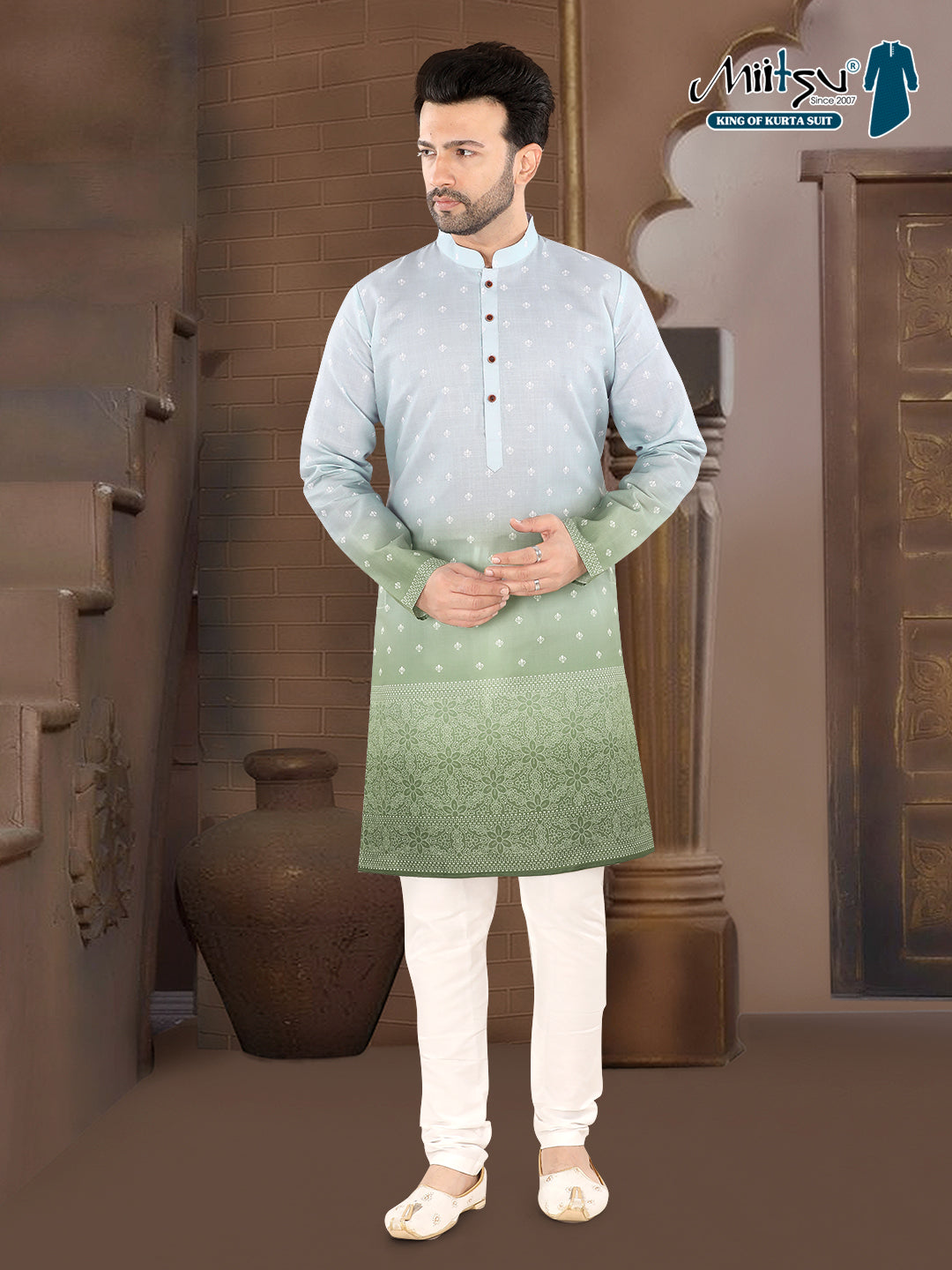 Sky Blue to Pista Green Ombre Woven Design Kurta (7078)