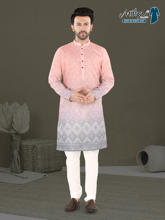 Light Pink Ethnic Motif Kurta with Grey Woven Border (7079)