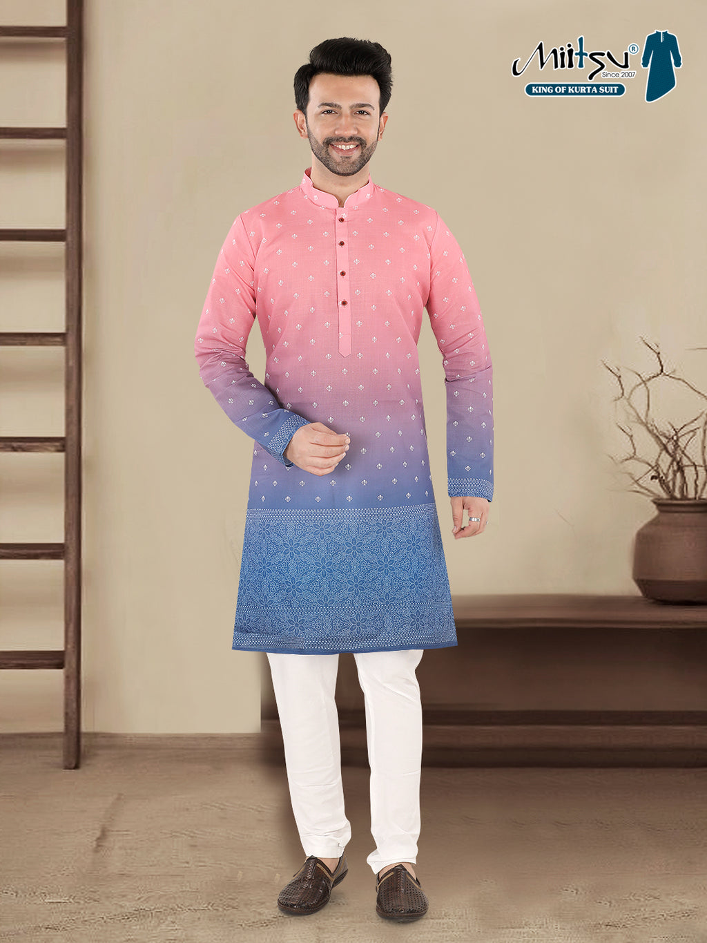 Pink to Royal Blue Ombre Ethnic Print Kurta (7081)