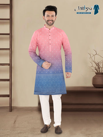 Pink to Royal Blue Ombre Ethnic Print Kurta (7081)