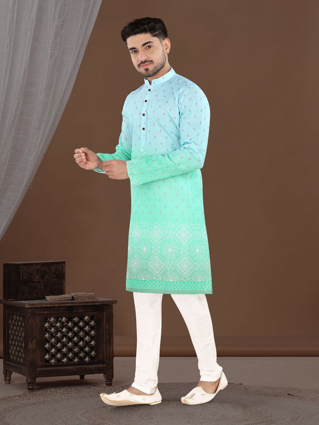 Sky Blue to Mint Green Ombre Ethnic Print Kurta (7081)