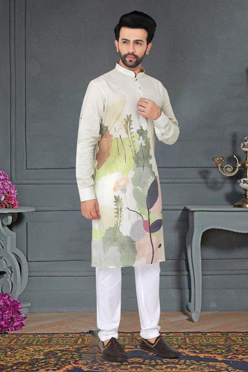 Mens Beige Kurta with Artistic Botanical Print  (7519)