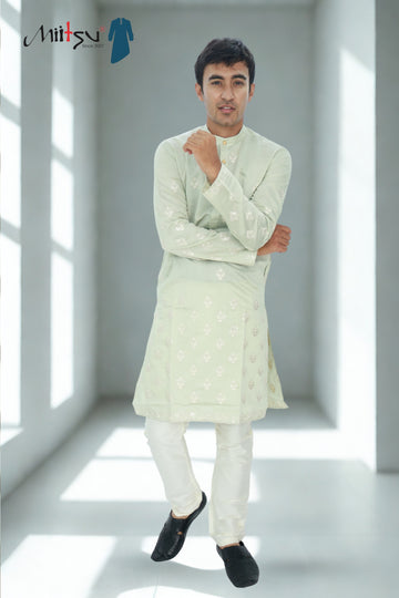 Men’s Pistachio Green Kurta Set with Subtle Gold Embroidery (85169)