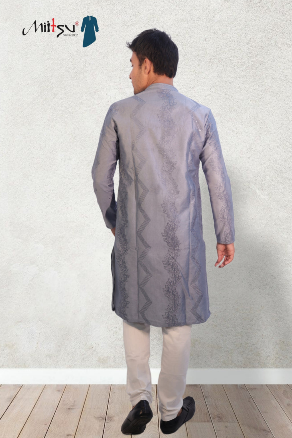 Steel Grey Textured Embroidered Kurta Set (7304)