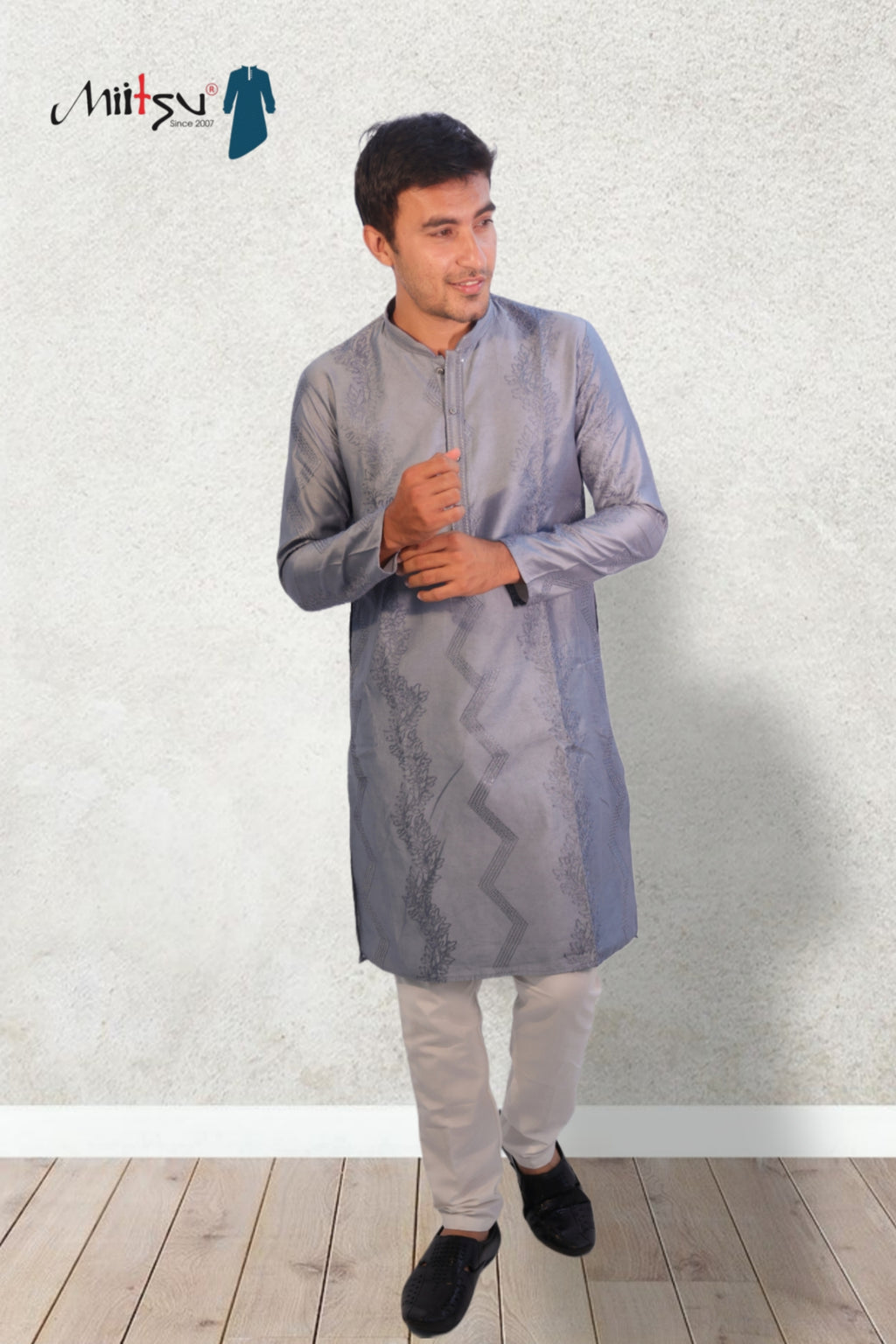 Steel Grey Textured Embroidered Kurta Set (7304)