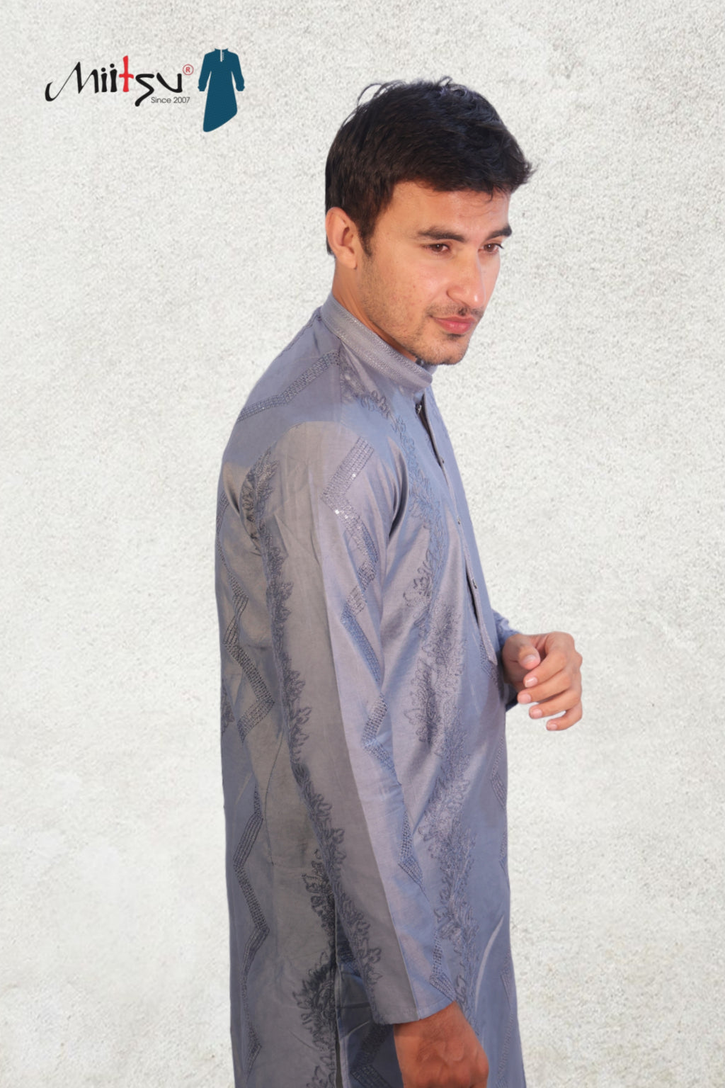 Steel Grey Textured Embroidered Kurta Set (7304)