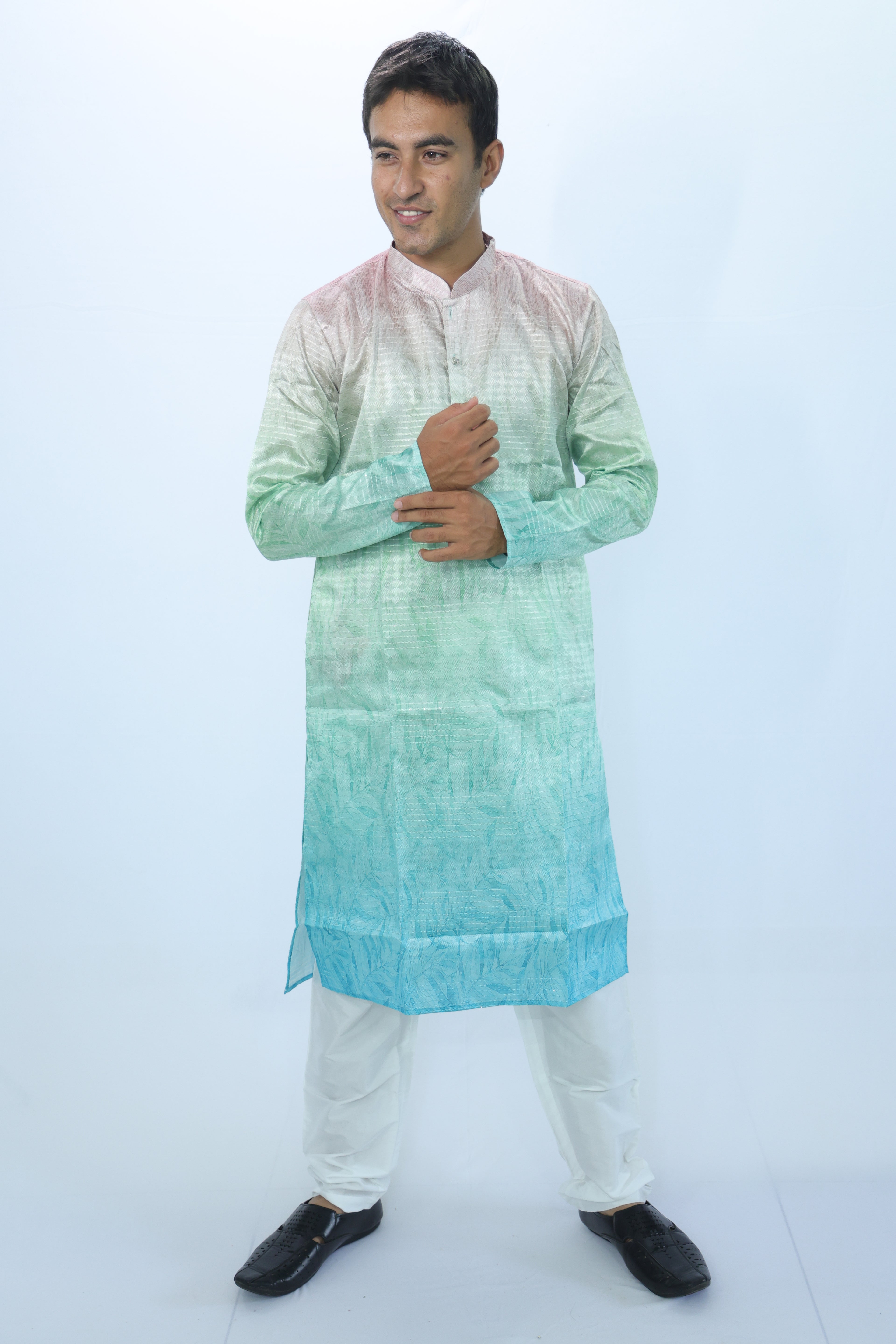 Men’s Ombre Dyed Kurta in Pastel Peach to Teal – Subtle Leaf Motif | Elegant Festive Wear (2020)