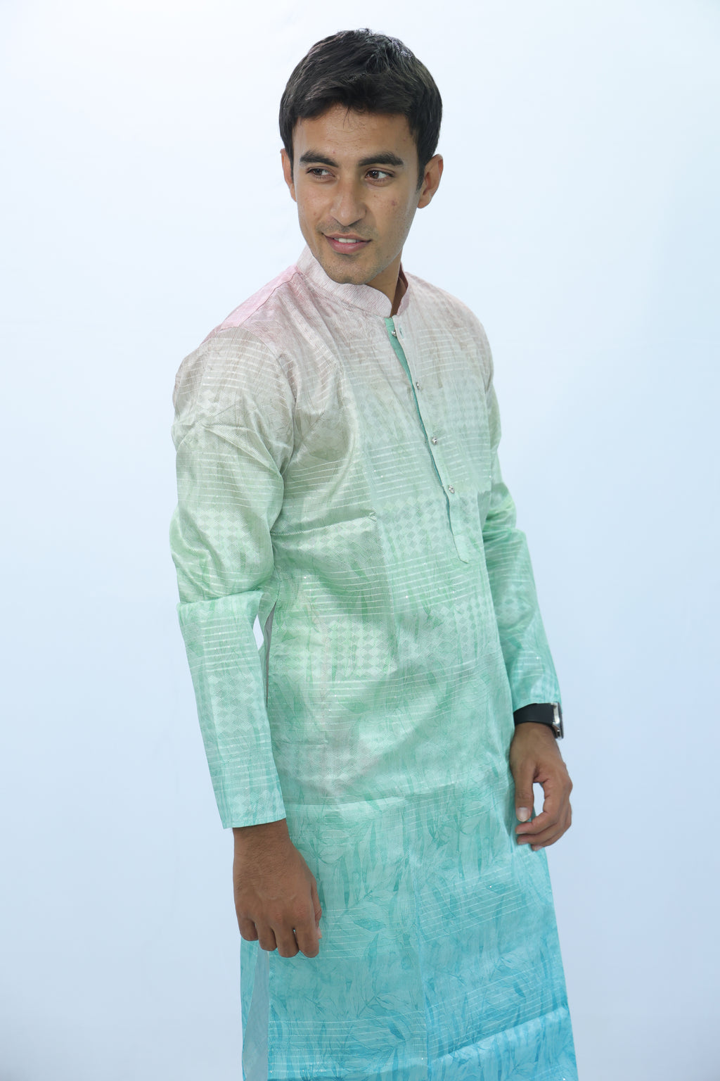 Men’s Ombre Dyed Kurta in Pastel Peach to Teal – Subtle Leaf Motif | Elegant Festive Wear (2020)