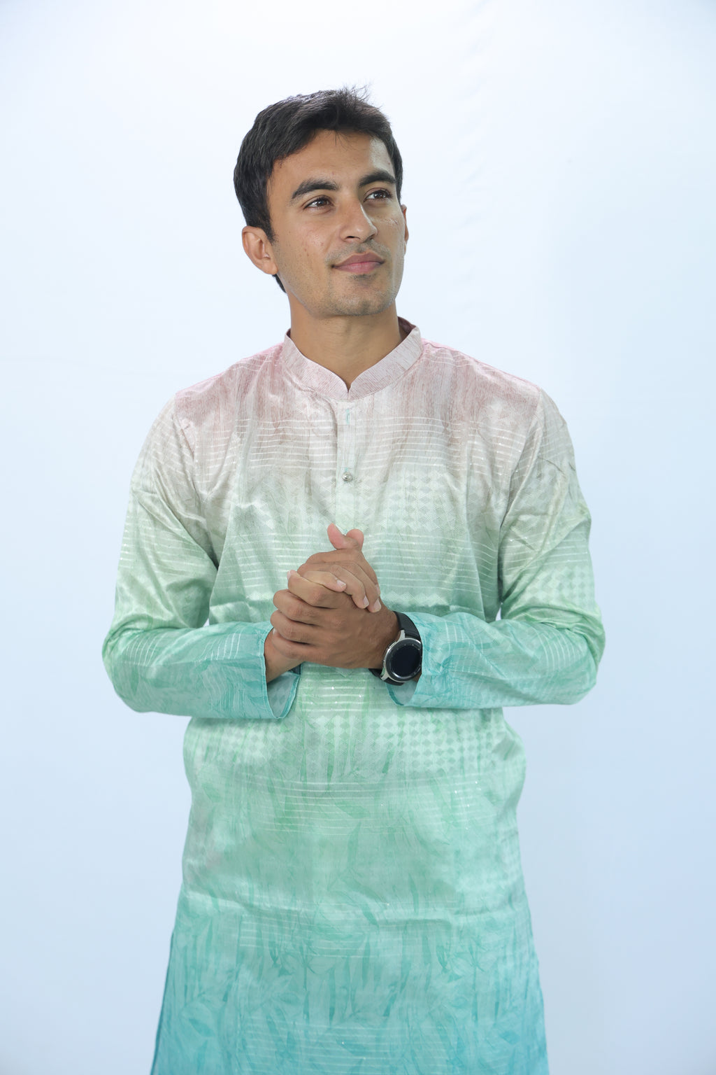 Men’s Ombre Dyed Kurta in Pastel Peach to Teal – Subtle Leaf Motif | Elegant Festive Wear (2020)