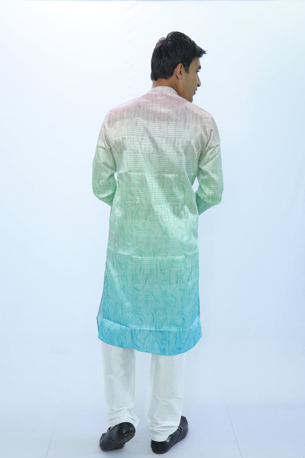Men’s Ombre Dyed Kurta in Pastel Peach to Teal – Subtle Leaf Motif | Elegant Festive Wear (2020)