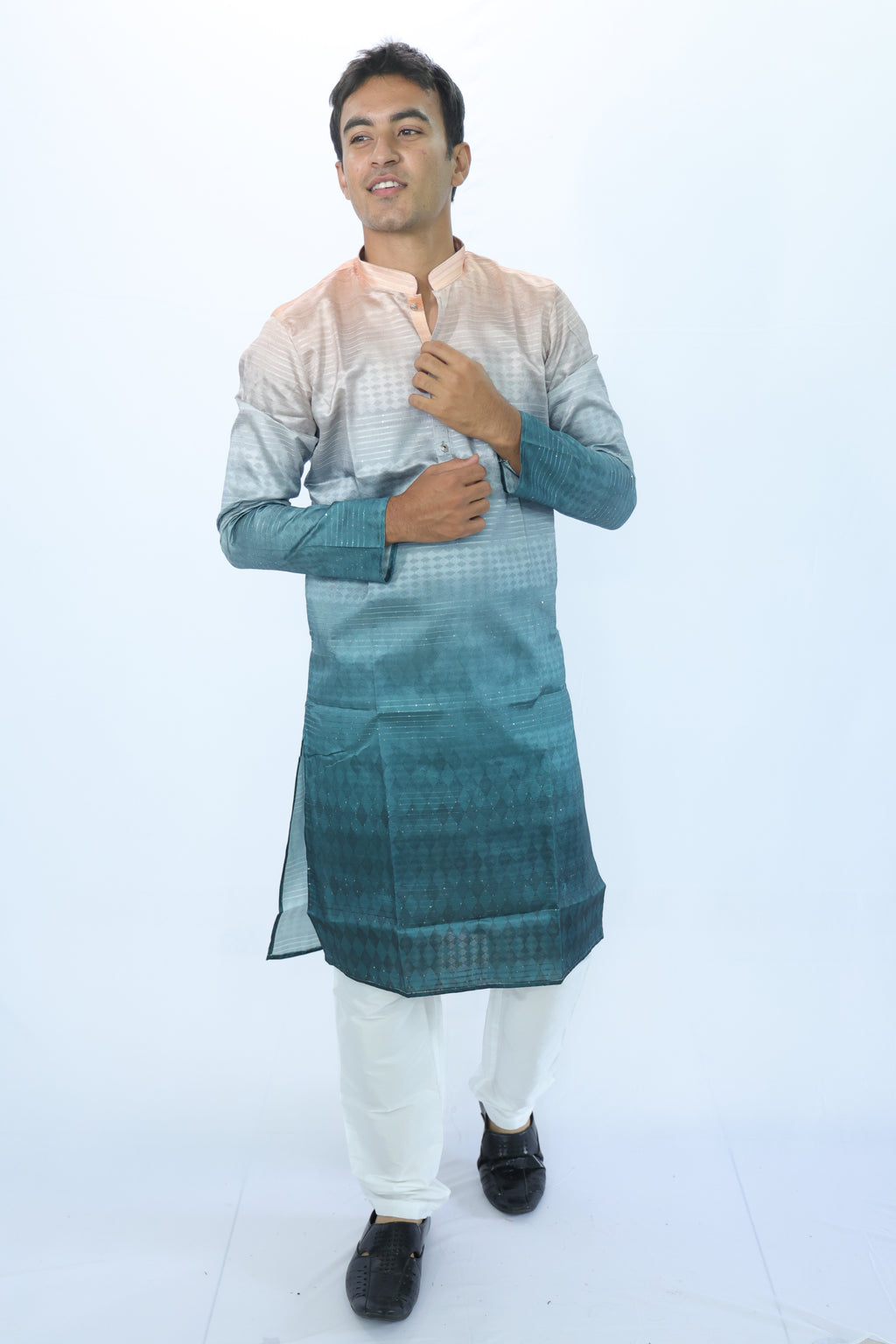 Men’s Midnight Teal Ombre Kurta – Royal Contrast with Warm Gold Collar | Luxe Indian Festive Wear(2020)