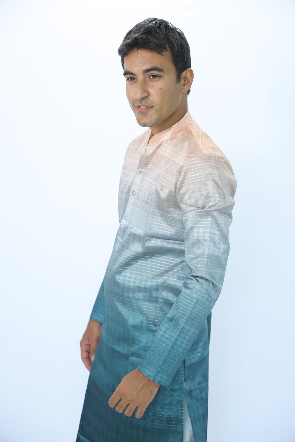 Men’s Midnight Teal Ombre Kurta – Royal Contrast with Warm Gold Collar | Luxe Indian Festive Wear(2020)