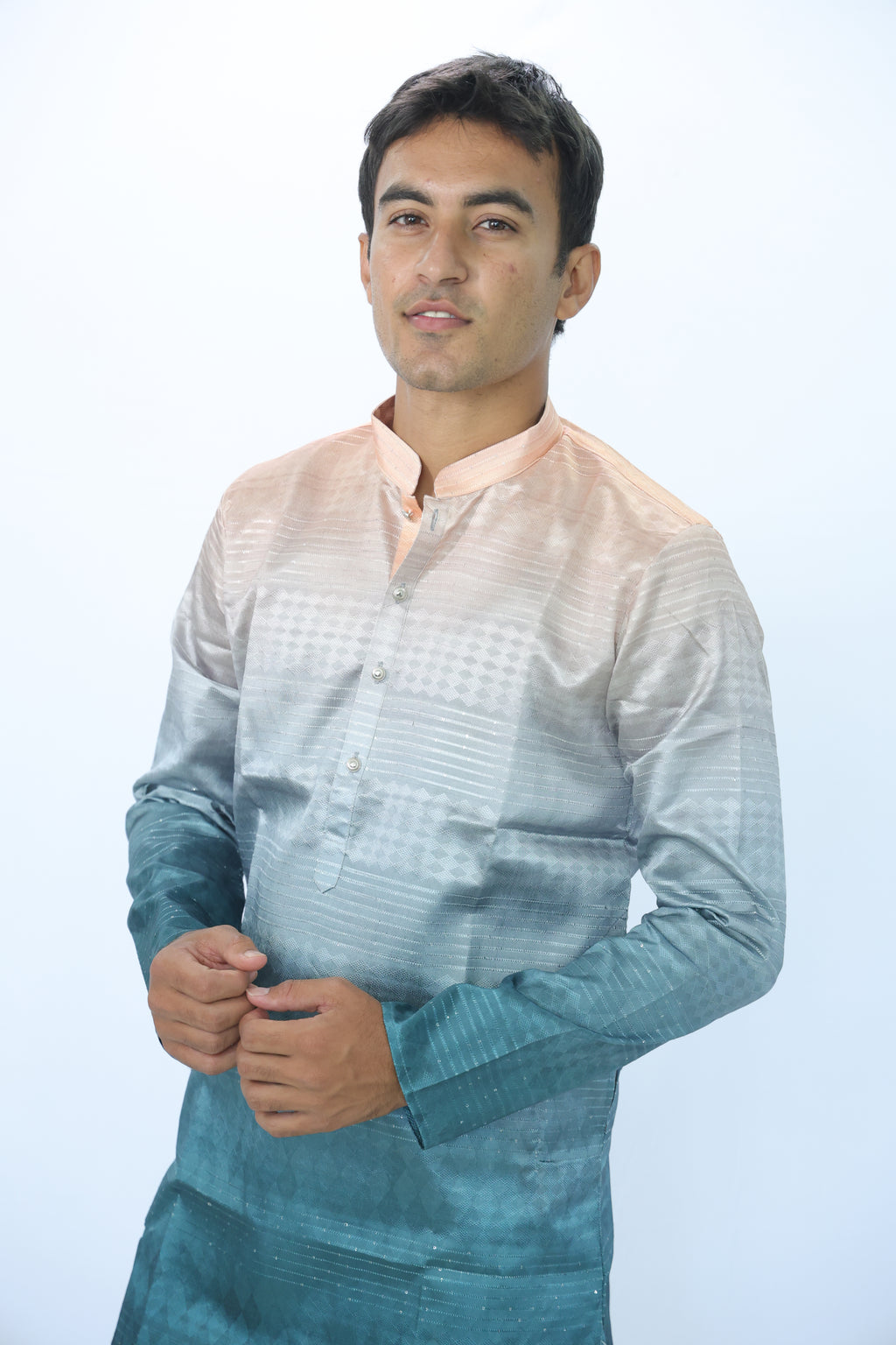 Men’s Midnight Teal Ombre Kurta – Royal Contrast with Warm Gold Collar | Luxe Indian Festive Wear(2020)