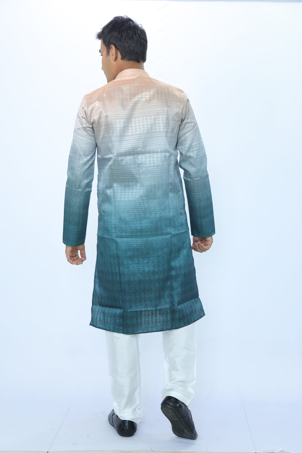 Men’s Midnight Teal Ombre Kurta – Royal Contrast with Warm Gold Collar | Luxe Indian Festive Wear(2020)