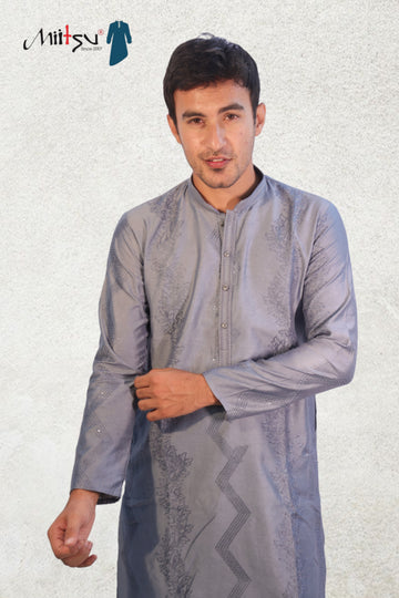 Steel Grey Textured Embroidered Kurta Set (7304)