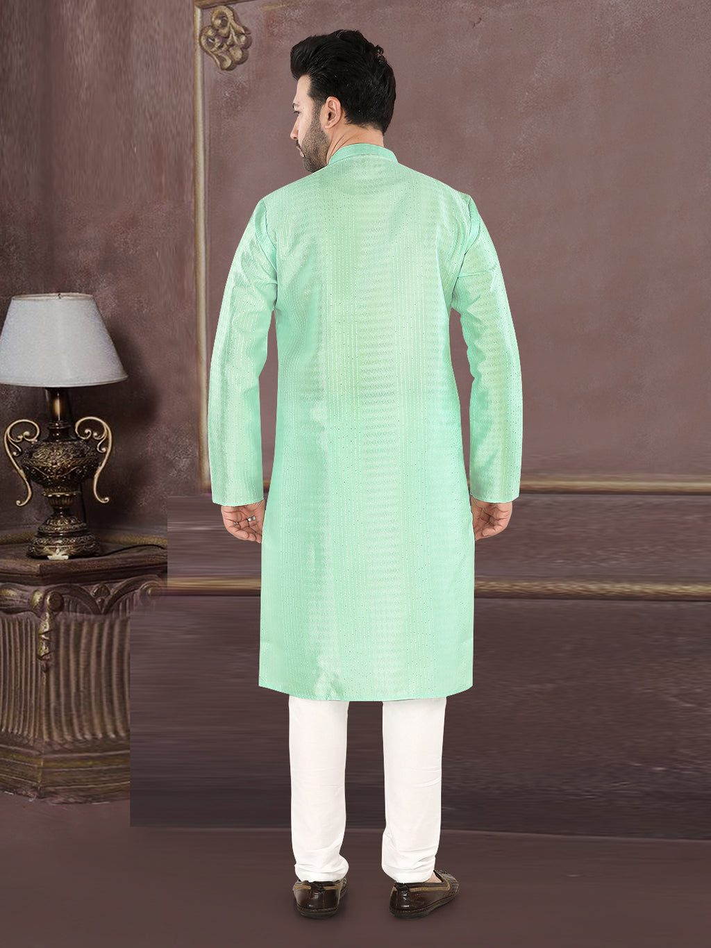 Mint Green Self-Textured Kurta Set with Mandarin Collar (4250)
