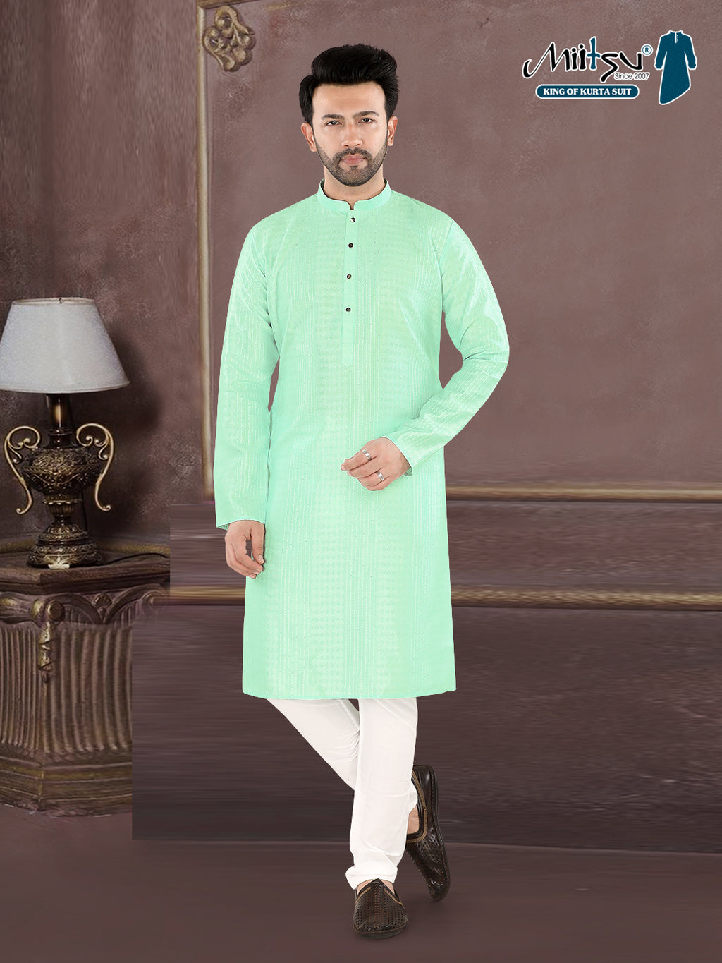 Mint Green Self-Textured Kurta Set with Mandarin Collar (4250)