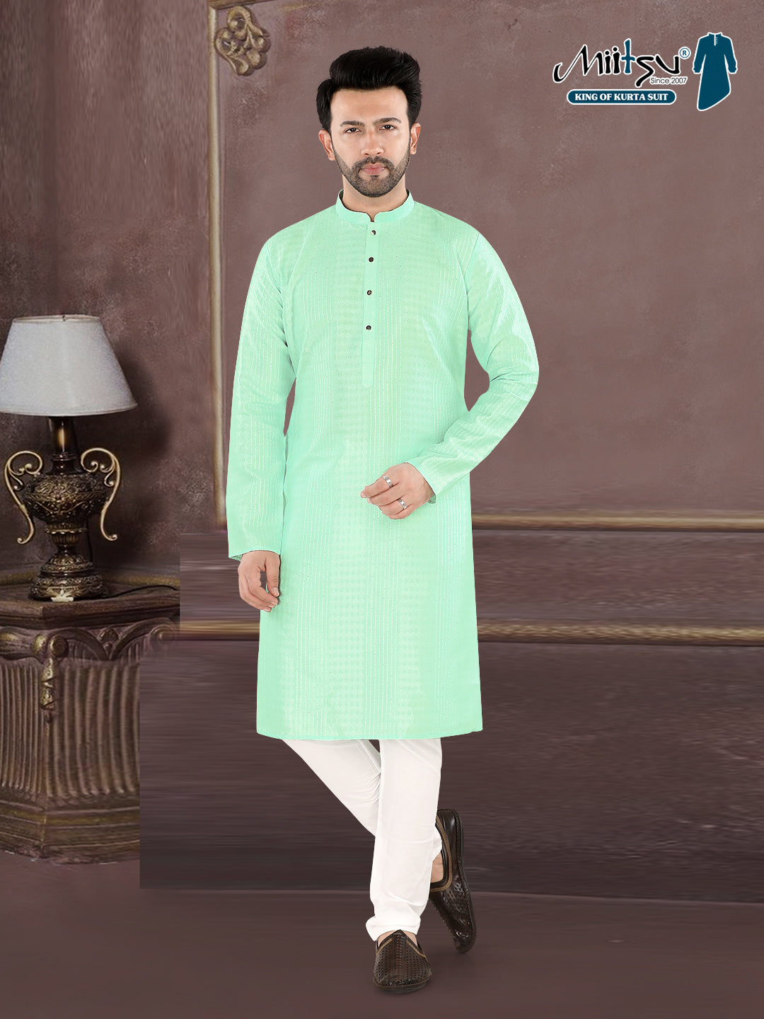 Mint Green Self-Textured Kurta Set with Mandarin Collar (4250)