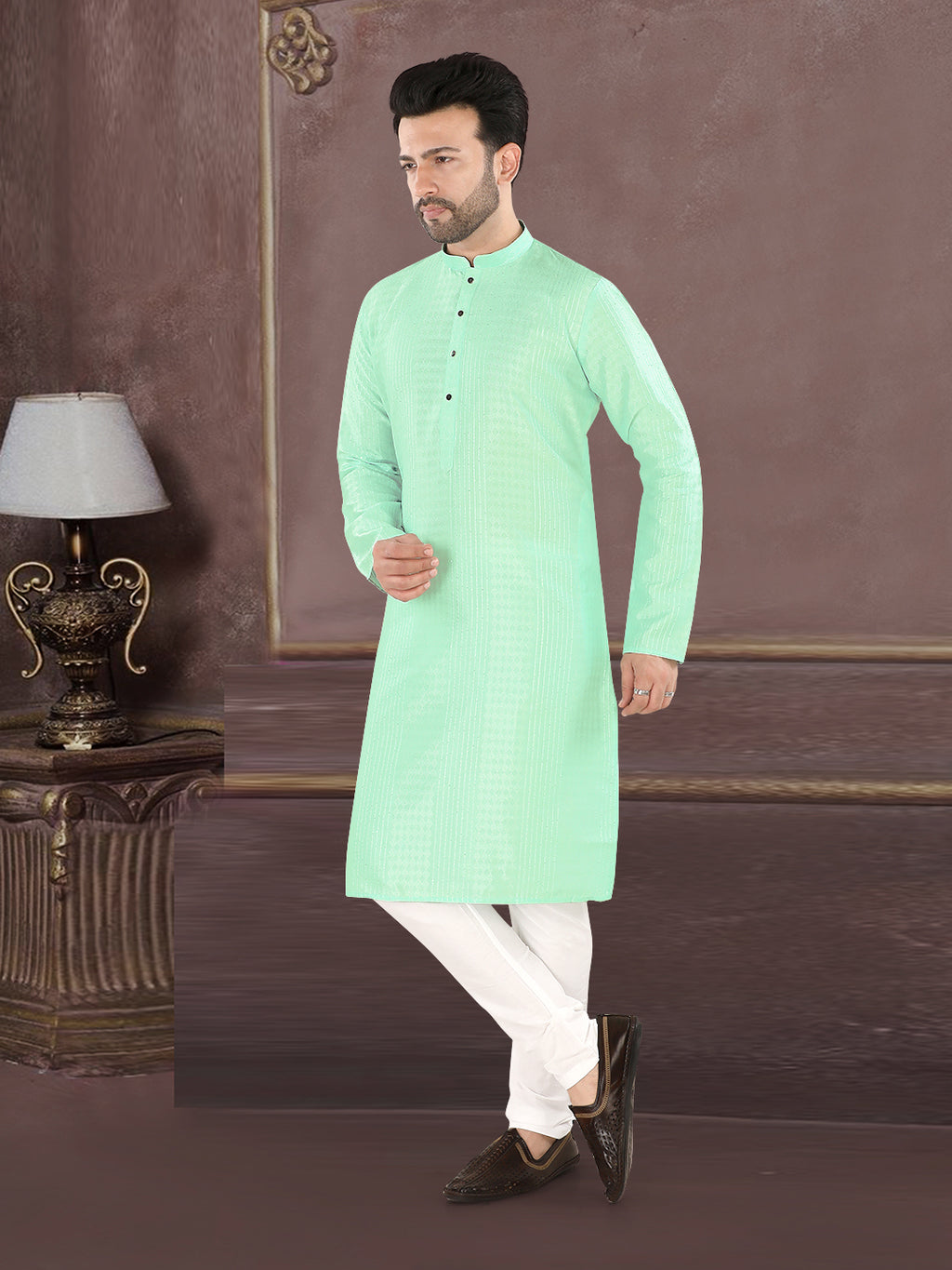 Mint Green Self-Textured Kurta Set with Mandarin Collar (4250)