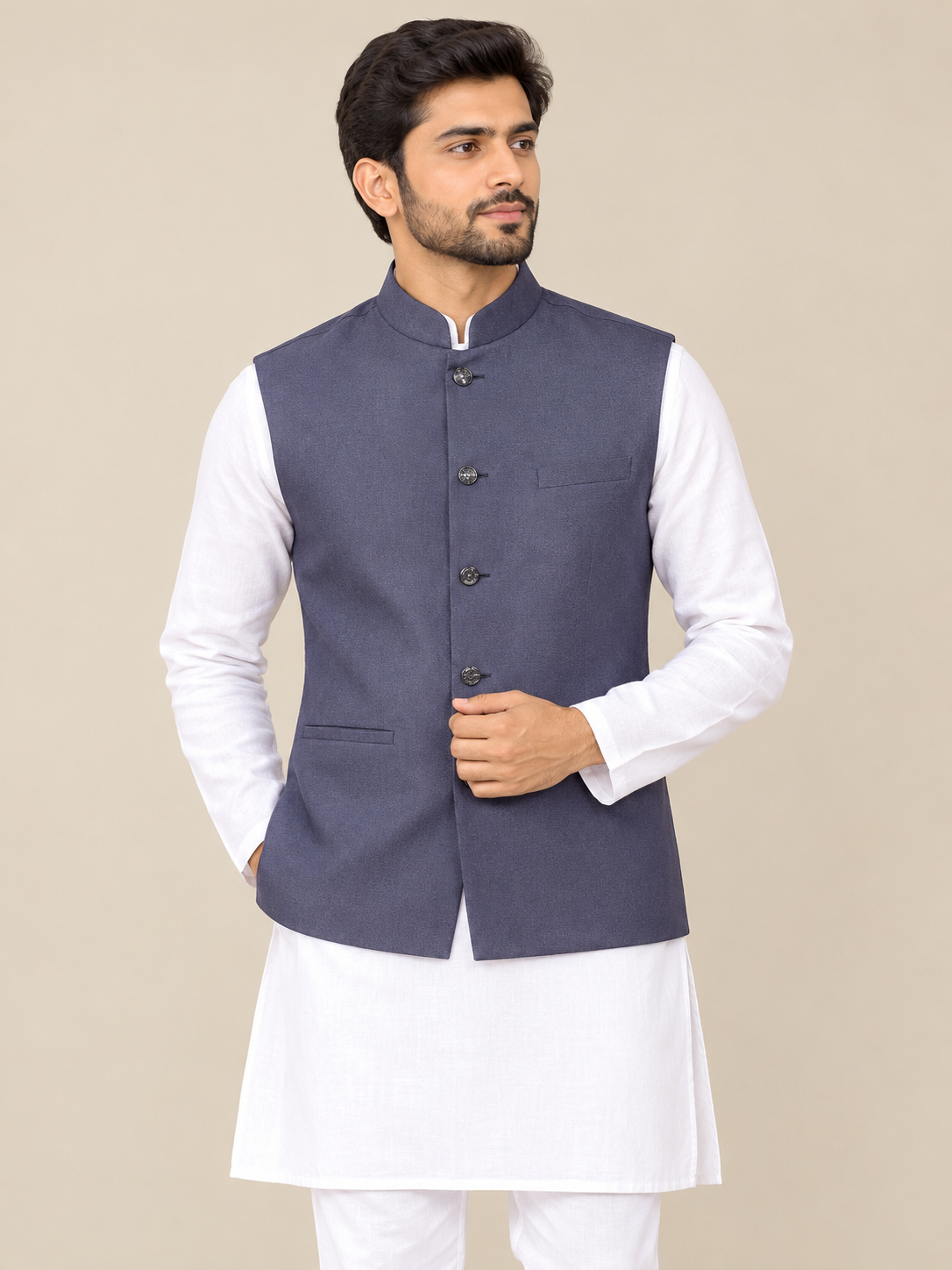 Deep Slate Navy Structured Solid Ethnic Vest(377)