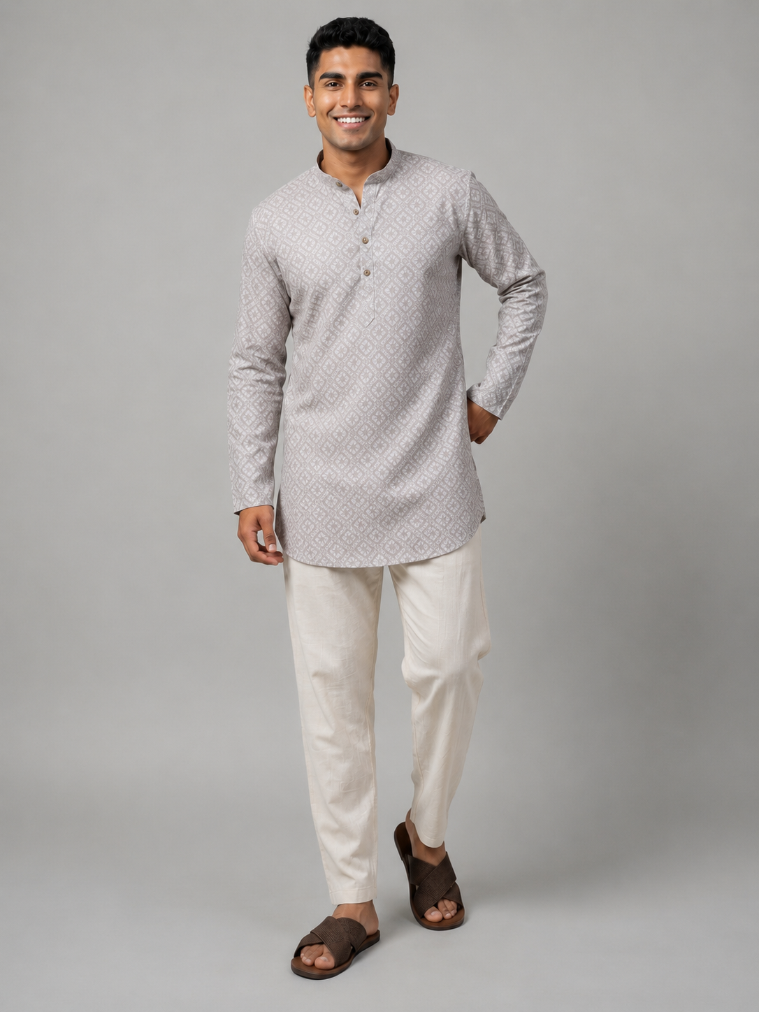 Men's Peach Geometric Print Short Kurta (429)
