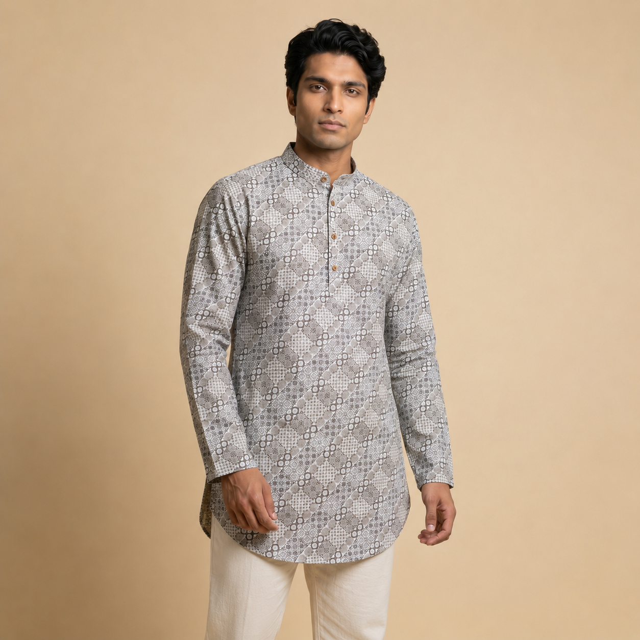 Silver Green Printed Apple Cut Short Kurta (453)