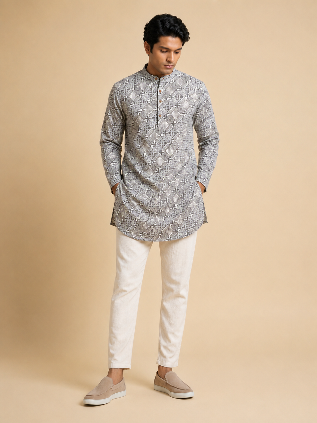 Silver Green Printed Apple Cut Short Kurta (453)
