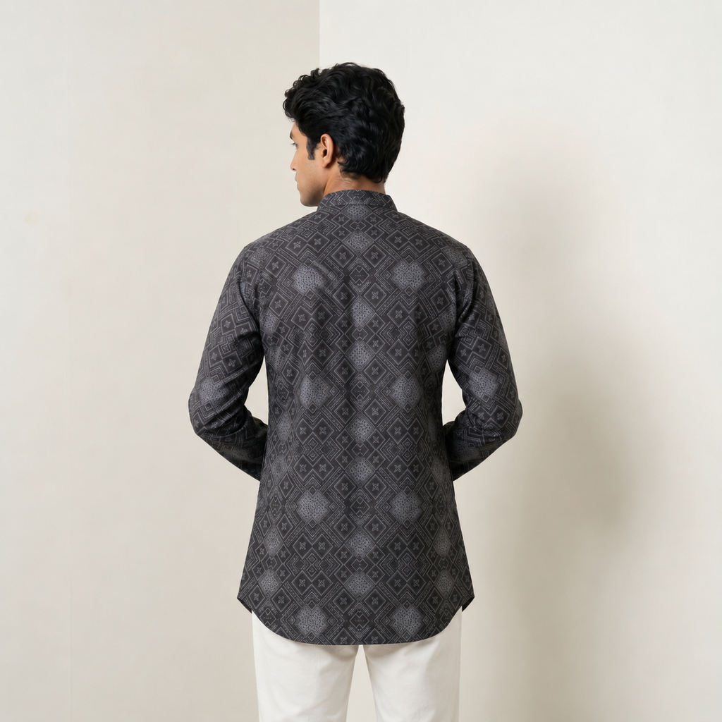 Men's Charcoal Geometric Print Short Kurta (450)