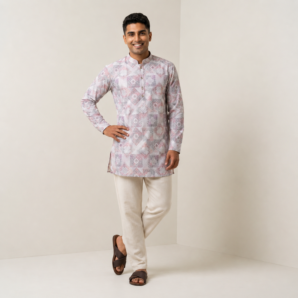 Men's Pastel Mosaic Print Short Kurta (321)