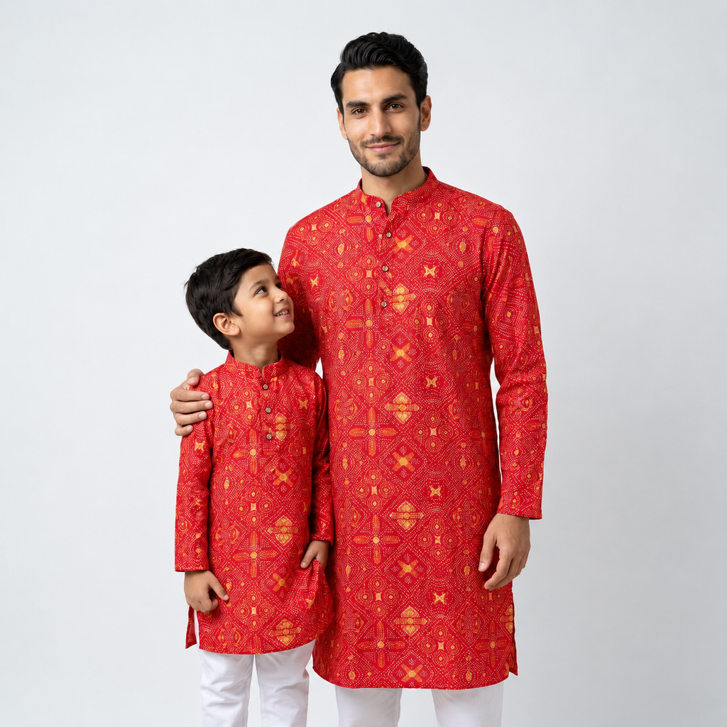 Red & Gold Bandhani Print Matching Father-Son Kurta  (2228)