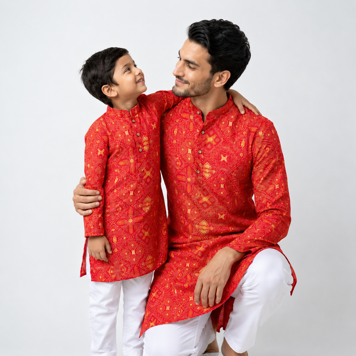 Red & Gold Bandhani Print Matching Father-Son Kurta  (2228)