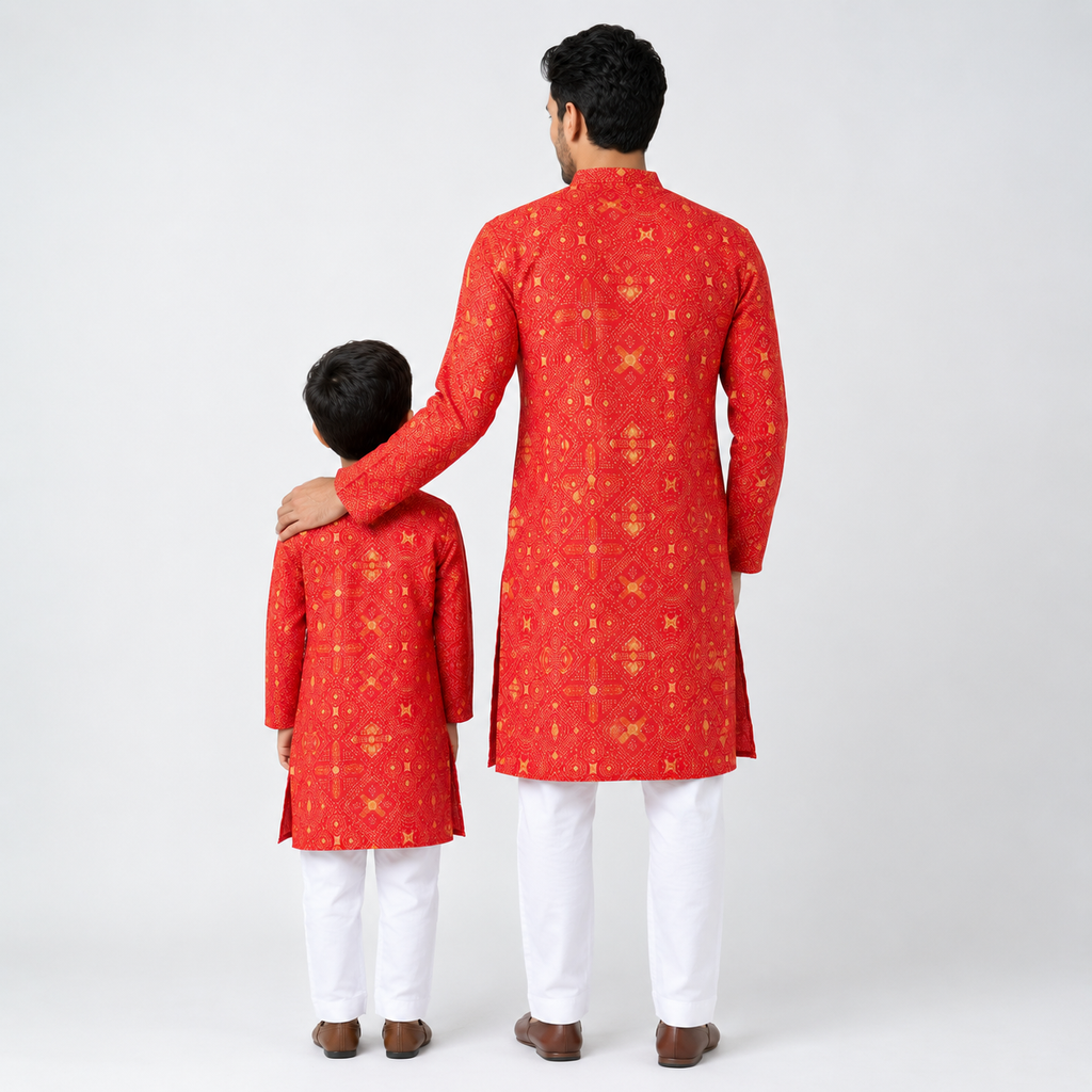 Red & Gold Bandhani Print Matching Father-Son Kurta  (2228)