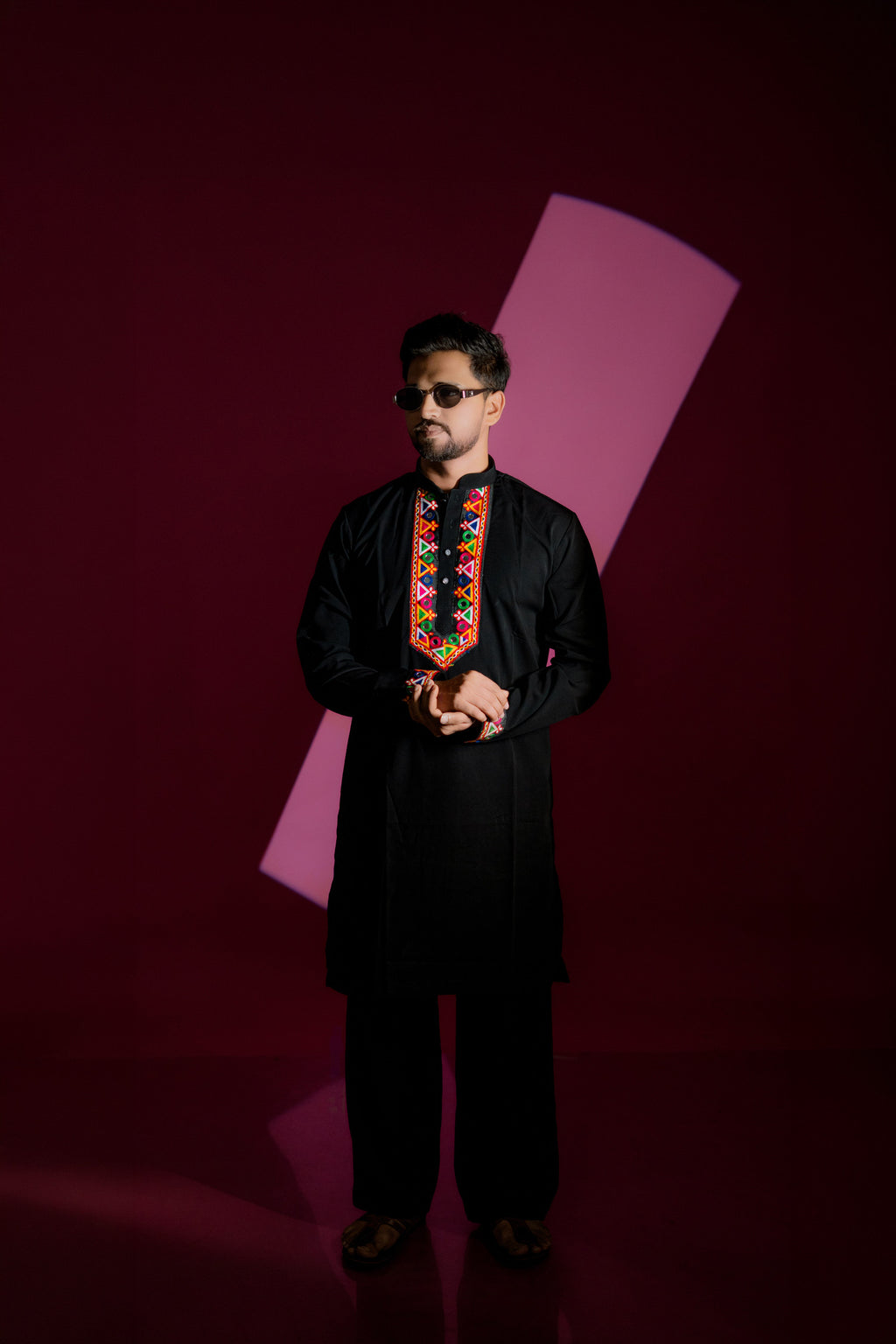 Jet Black Kurta Set with Kutchi Geometric Embroidery (7781)