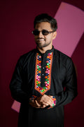 Jet Black Kurta Set with Kutchi Geometric Embroidery (7781)