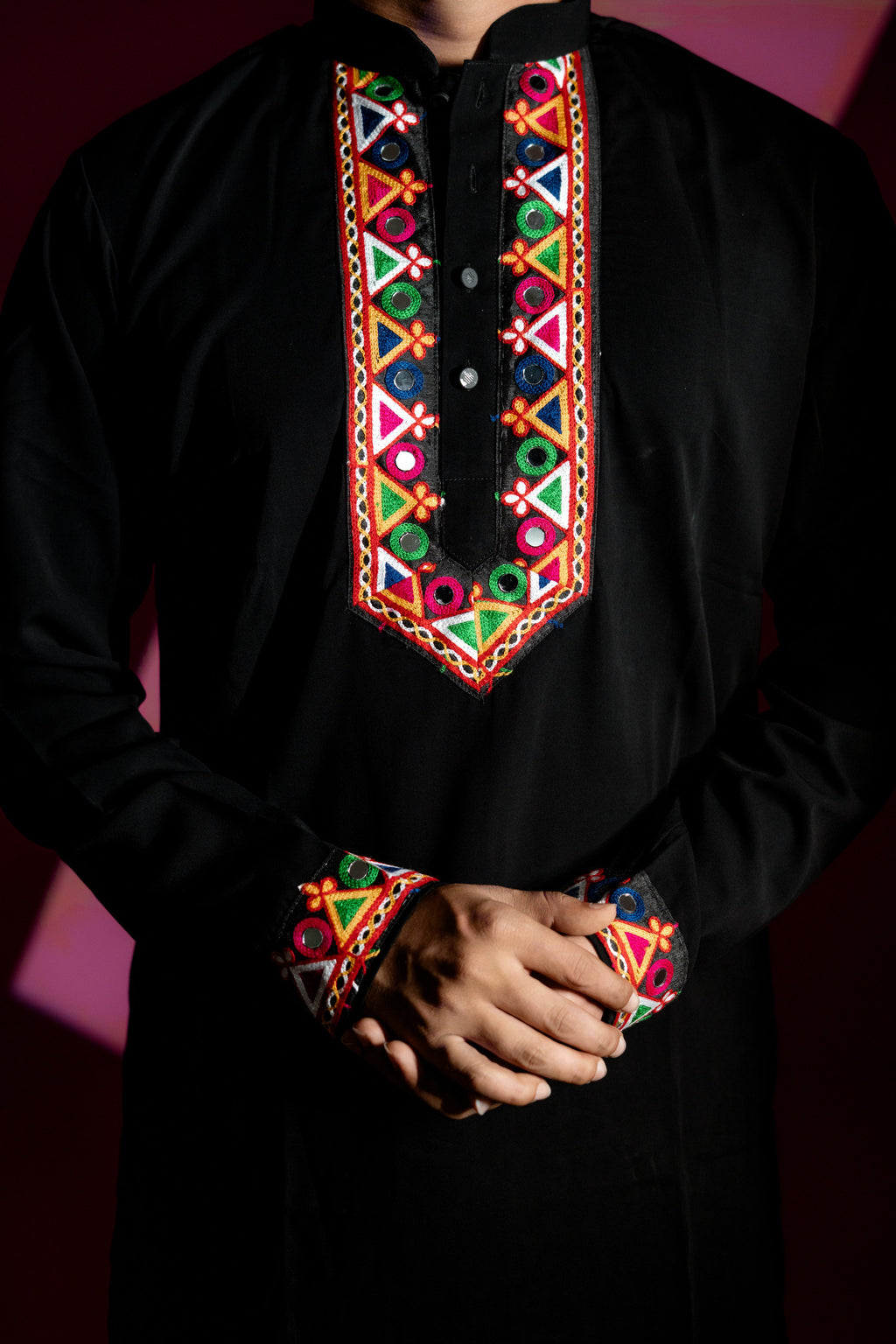 Jet Black Kurta Set with Kutchi Geometric Embroidery (7781)