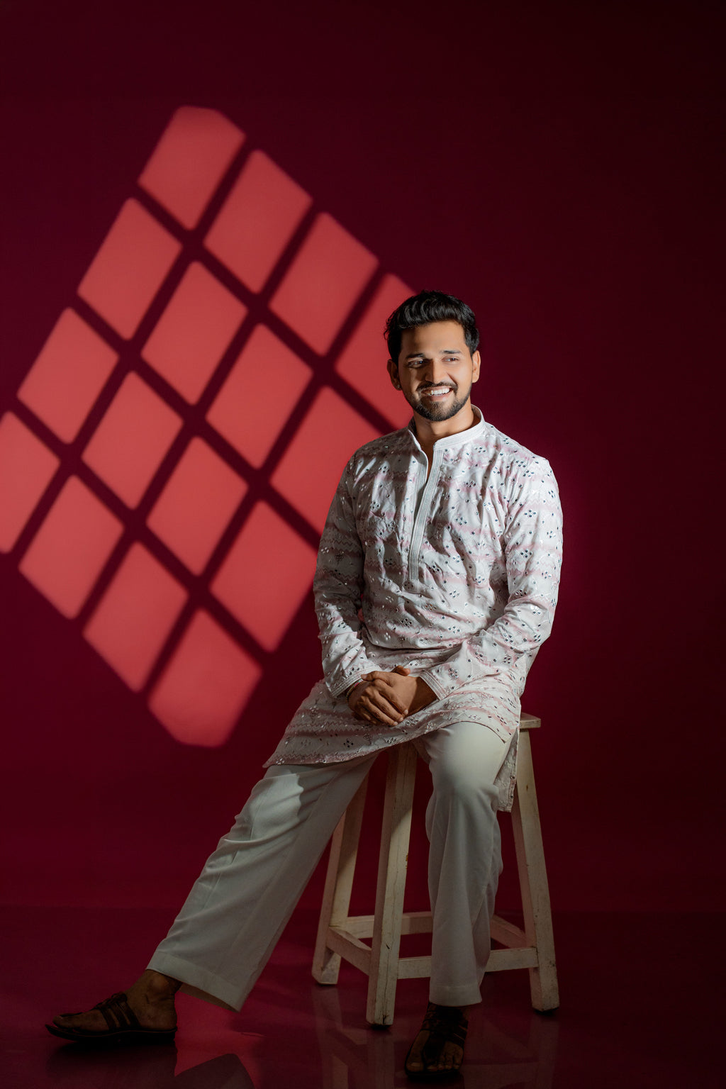 Off-White & Pastel Pink Mirror Chikankari Kurta Set