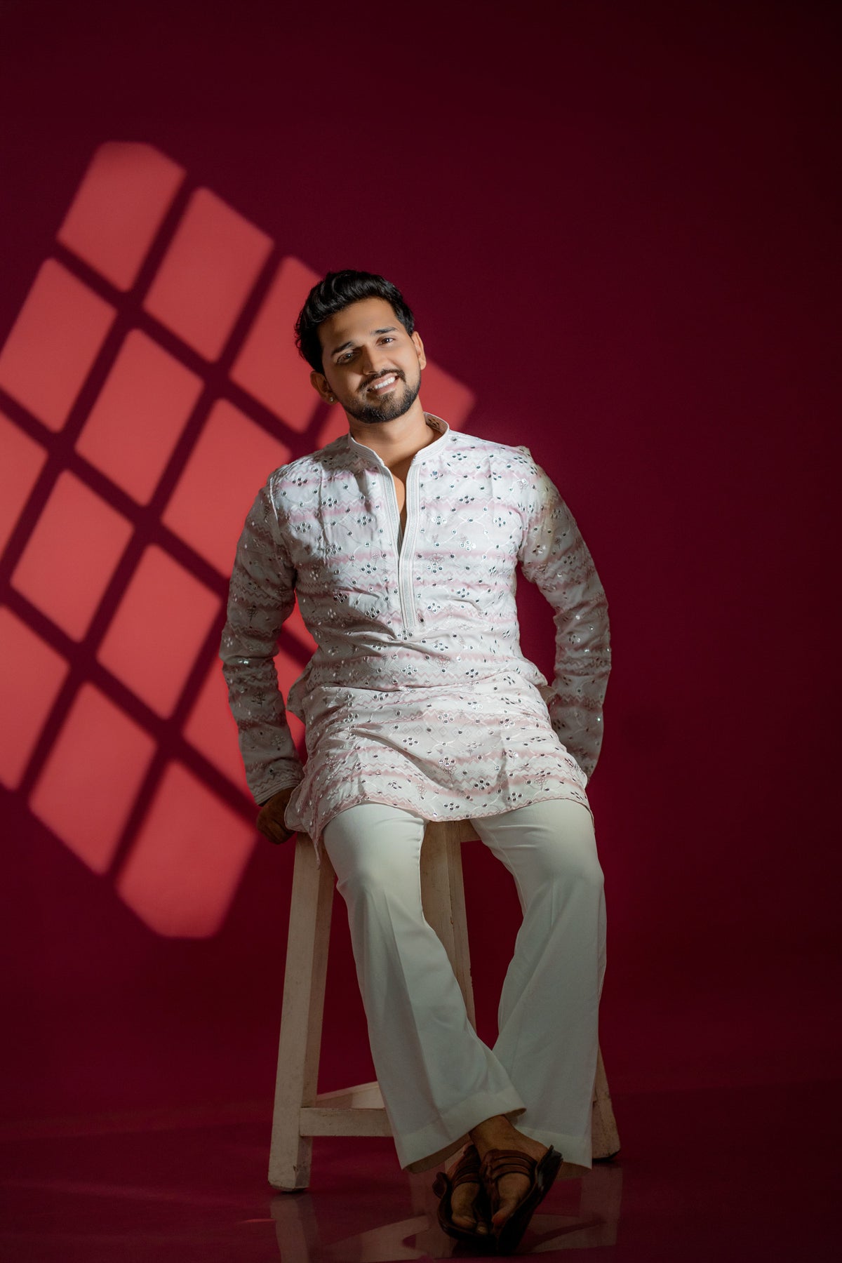 Off-White & Pastel Pink Mirror Chikankari Kurta Set
