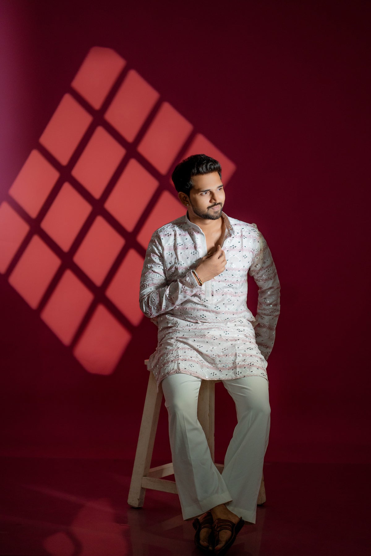 Off-White & Pastel Pink Mirror Chikankari Kurta Set