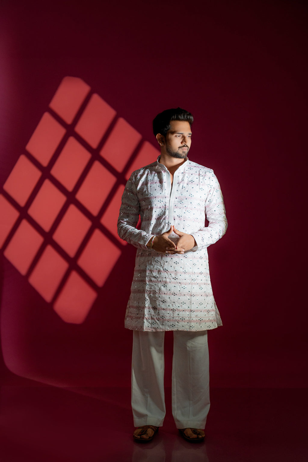 Off-White & Pastel Pink Mirror Chikankari Kurta Set