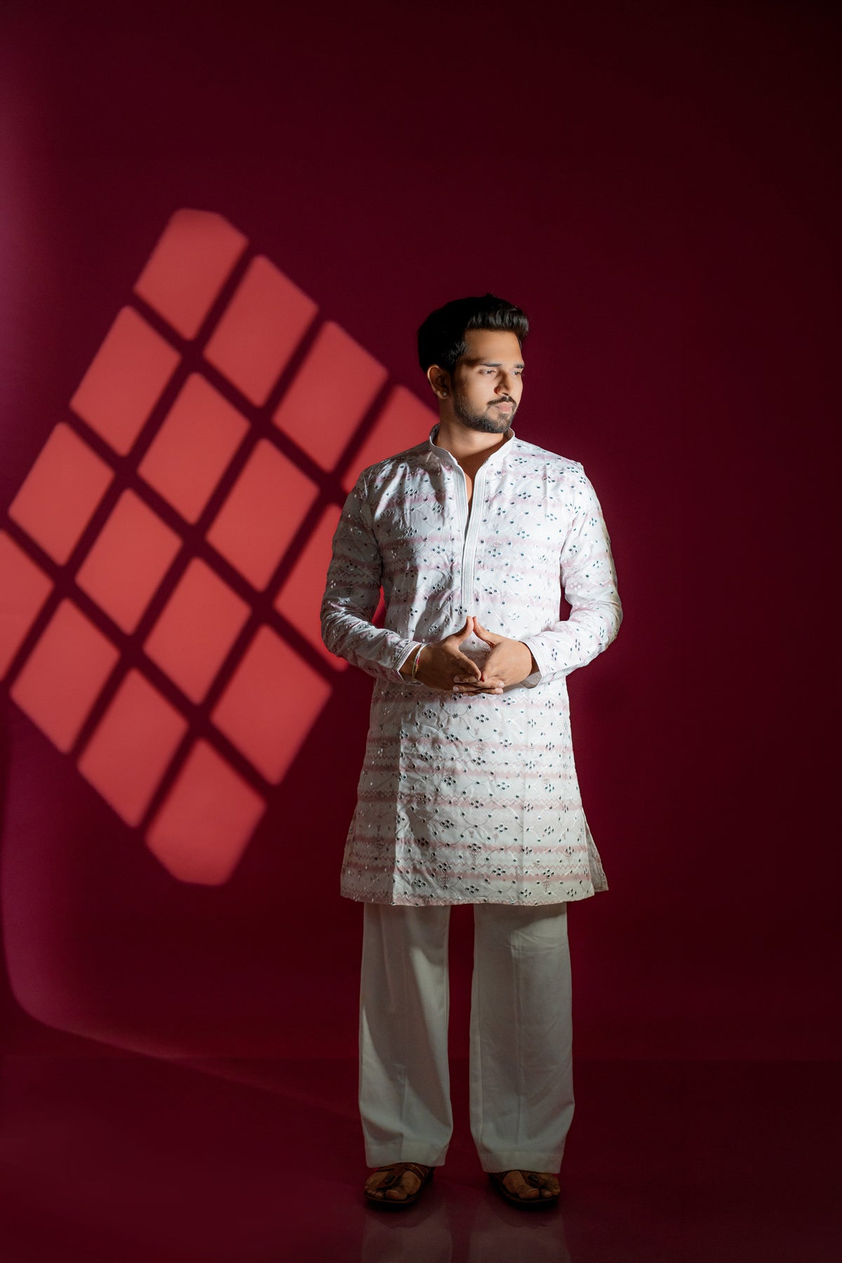 Off-White & Pastel Pink Mirror Chikankari Kurta Set