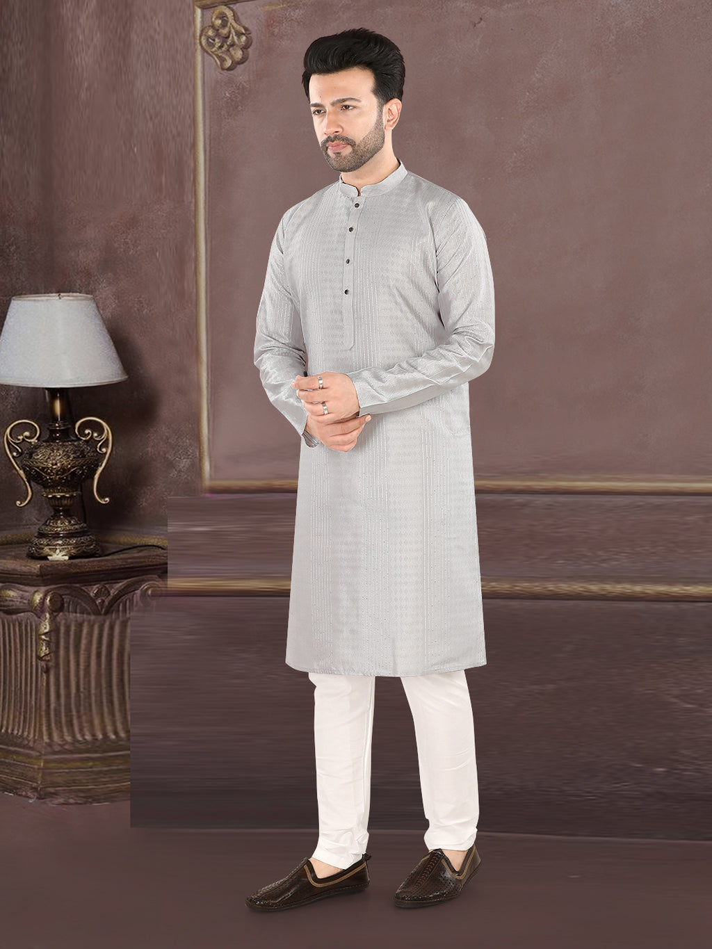 Silver Grey Textured Festive Kurta – Classic Ethnic Elegance (4250)