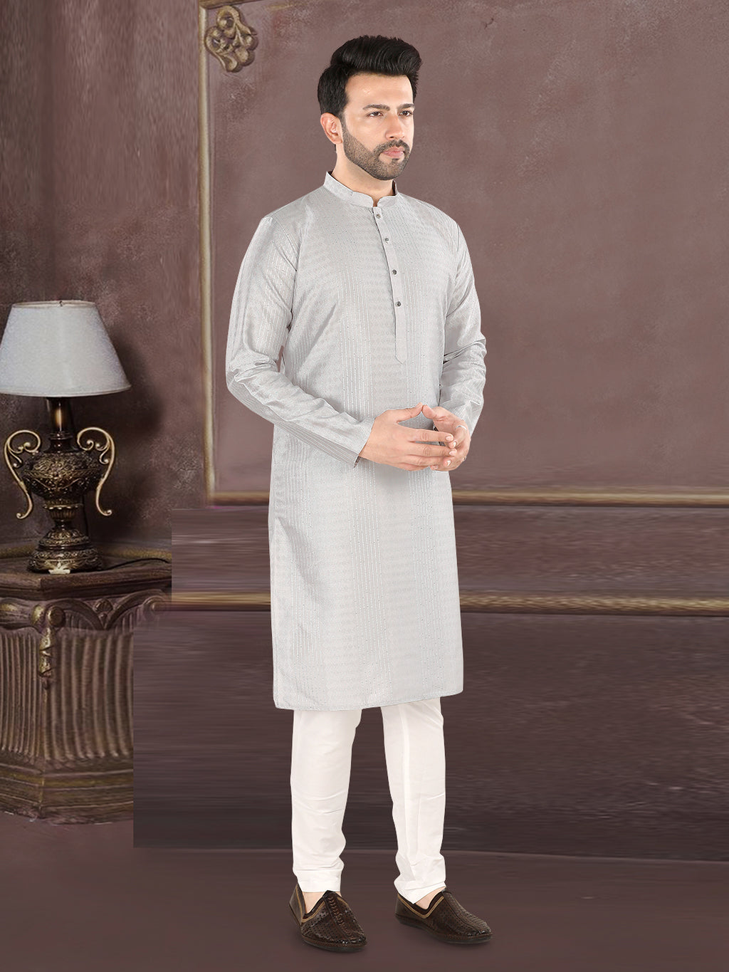 Silver Grey Textured Festive Kurta – Classic Ethnic Elegance (4250)