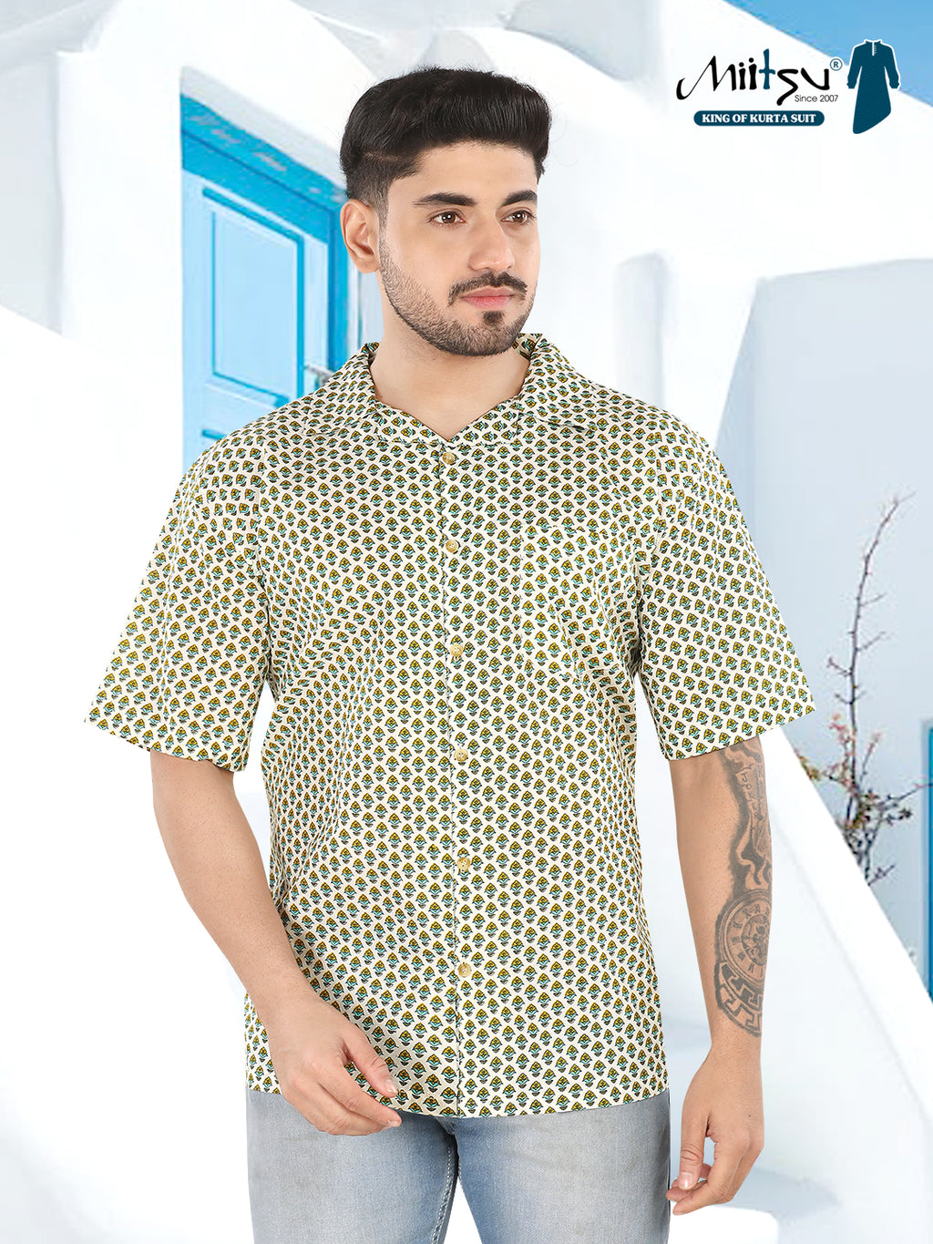 Ivory Micro Motif Ajrakh Printed Casual Shirt(1117)